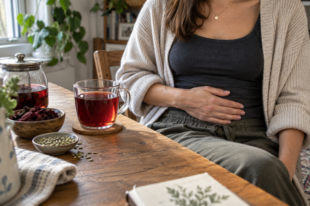 essoa sentada à mesa, com uma das mãos apoiada sobre a região abdominal, ao lado de uma xícara e um bule com infusão avermelhada, além de recipientes com ervas secas. A cena é iluminada por luz natural e sugere desconforto causado por inchaço abdominal e o consumo de chá como parte da rotina.
