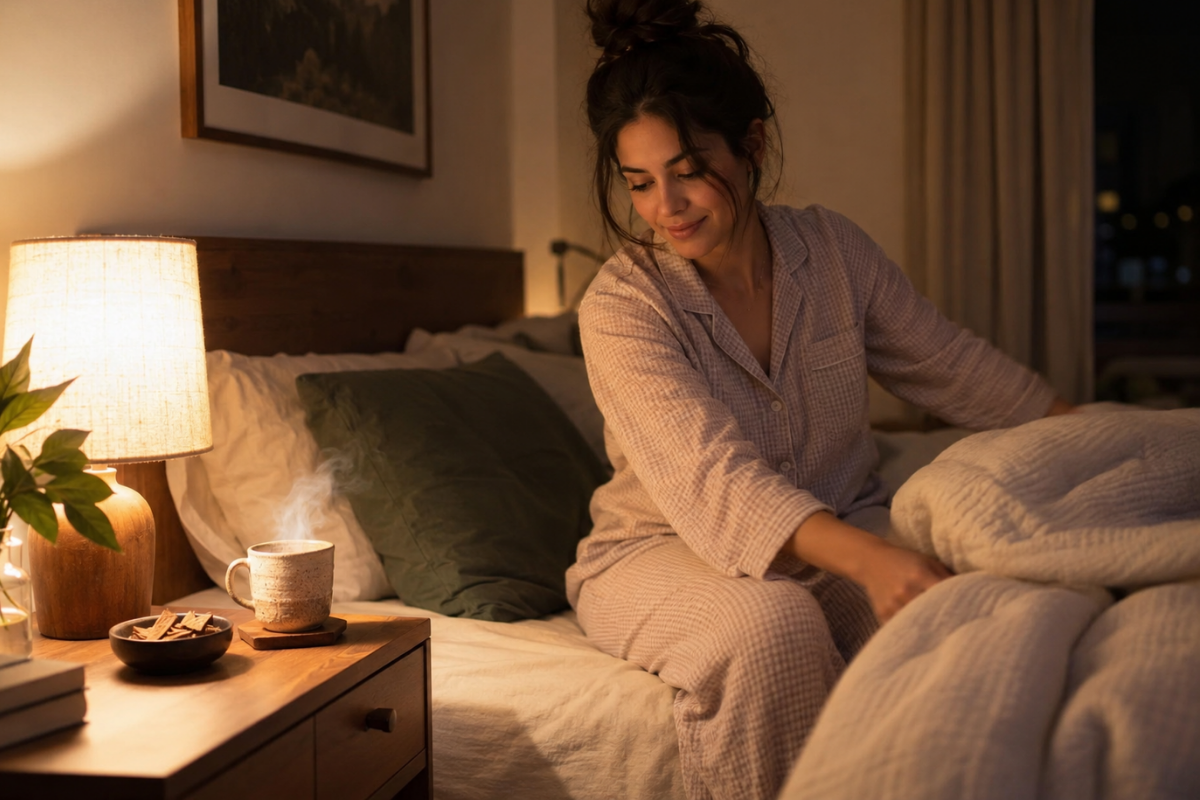 Mulher de pijama se preparando para dormir em um quarto com iluminação suave, ao lado de uma xícara quente de chá de mulungu sobre a mesa de cabeceira.